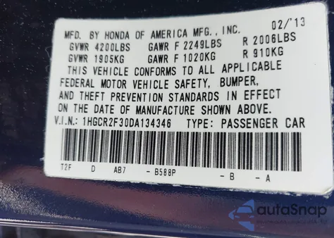 2013 Honda Accord Lx z USA, uszkodzony, nr VIN 1HGCR2F30DA134346